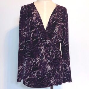 Sofia Vergara Faux Wrap Top Long Sleeve Size XL Purple and Black Ruched Sides